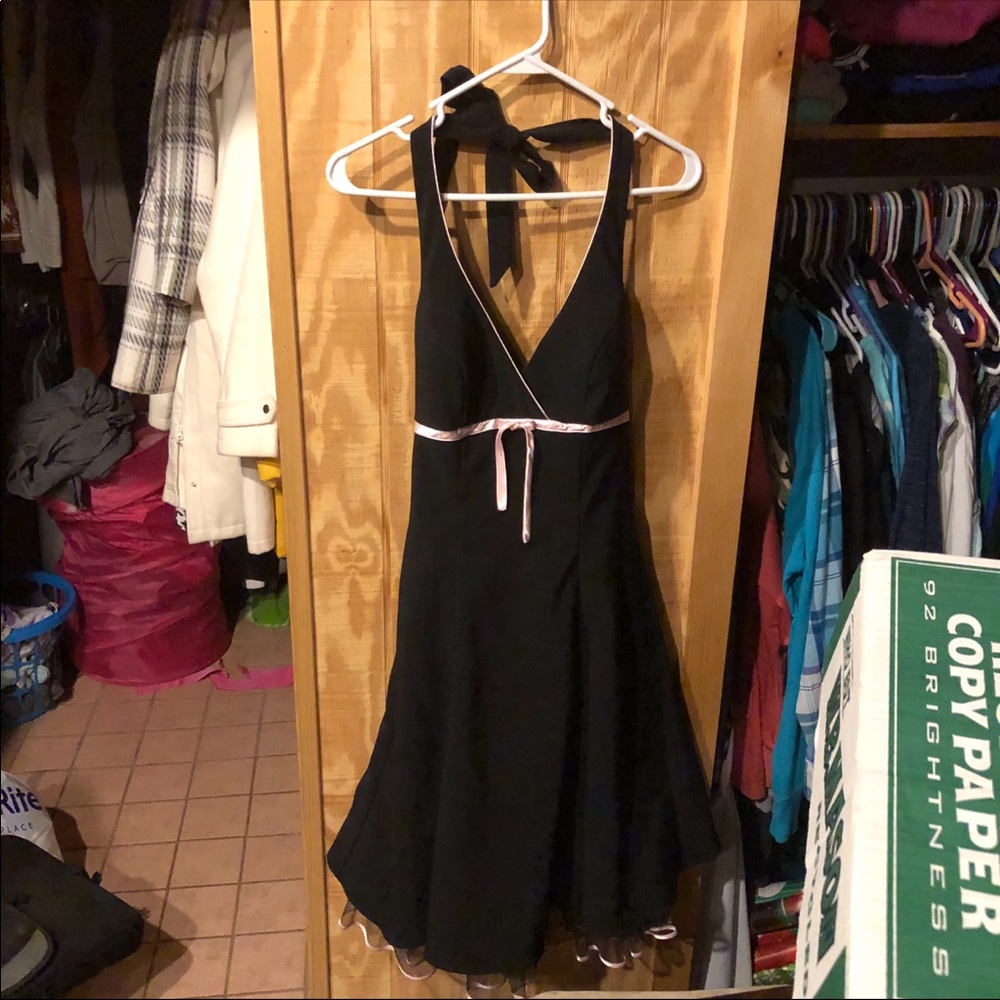 Party Halter Dress Black w Pink Satin Trim
